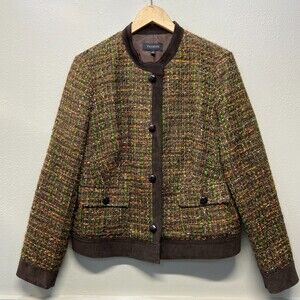 Talbots Blazer Jacket Womens Size 12 Wood Button Lined Tweed Brown Fall